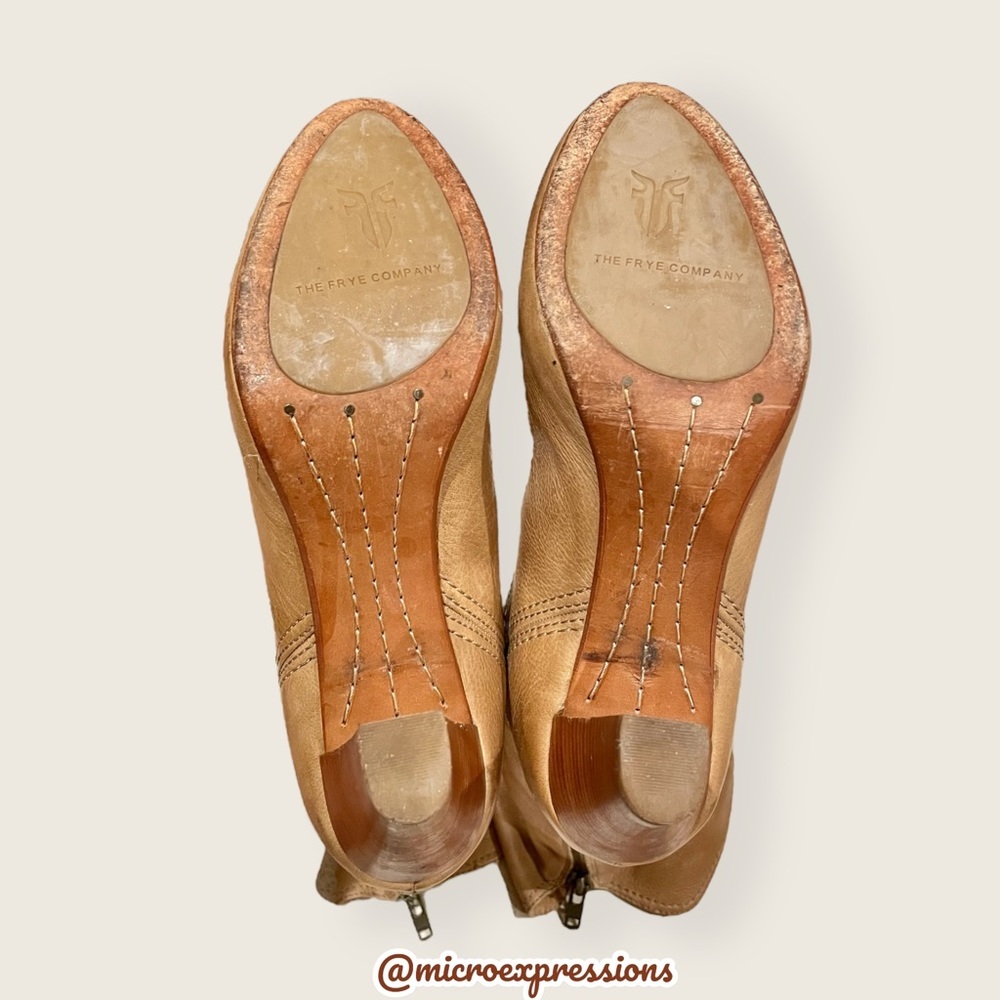 $399 Frye Miranda Back Zip Tan Distressed Heeled Fold Over Knee High Tall Boot - Picture 8 of 12